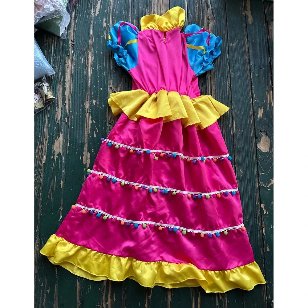 Relibeauty Kids Clown Costume Dress Pink Yellow Pom Pom Circus Halloween‎ 150